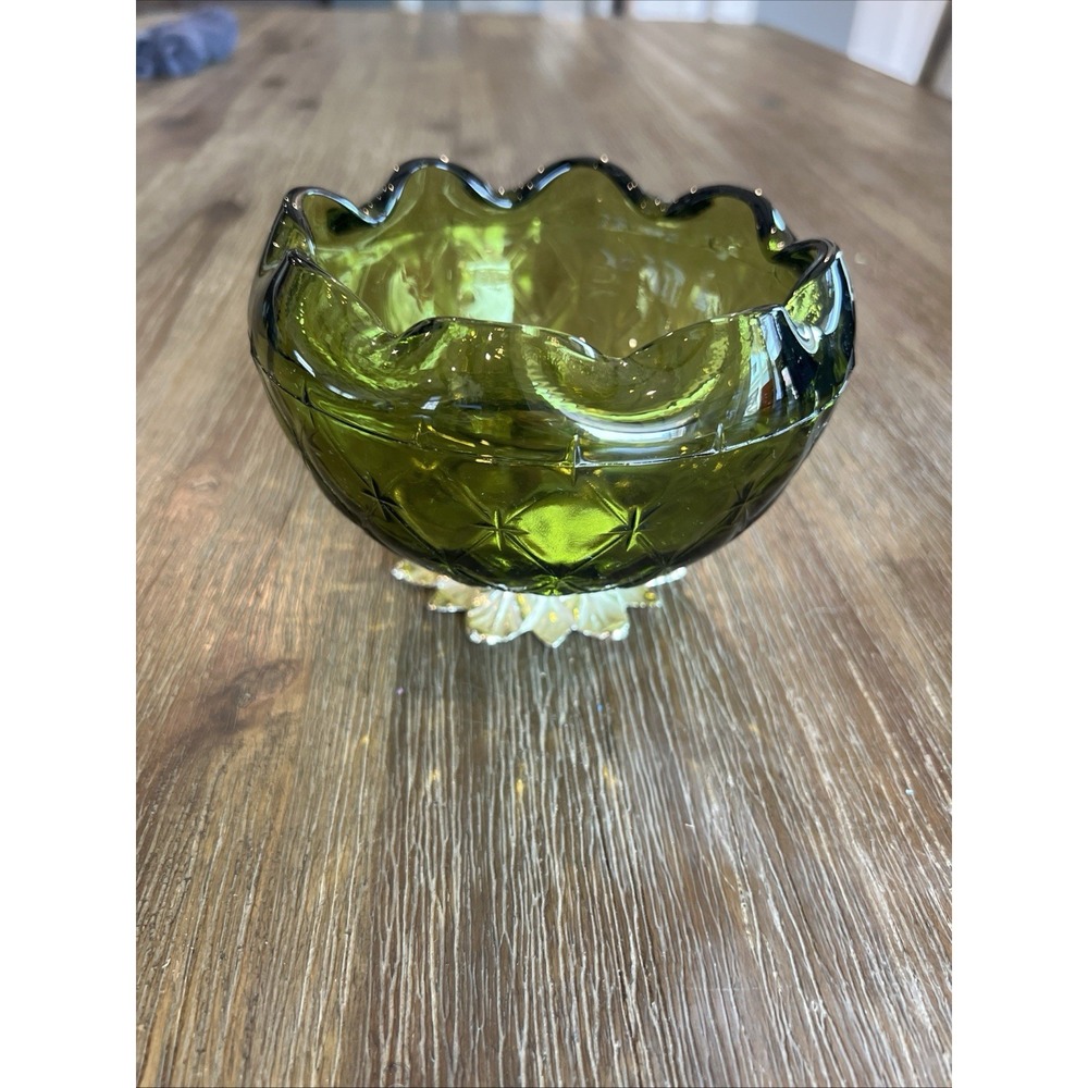 Green Candy Dish Hollywood Regency Fluted Bowl Metal Base Vintage Decor MCM